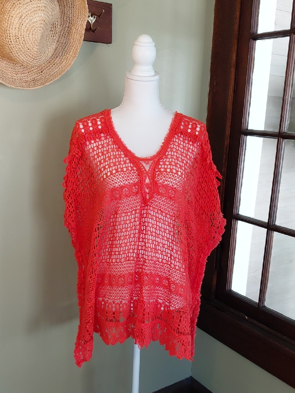 Chico's Bright Coral Open-Knit Swim Coverup